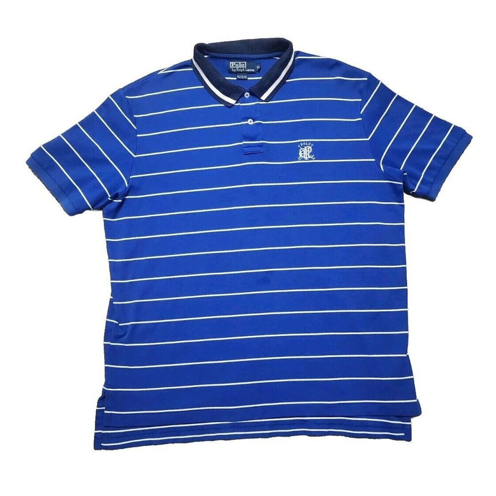 Vintage Polo‎ Ralph Lauren Pique Polo Shirt Mens XL Blue Striped RL Polo Logo